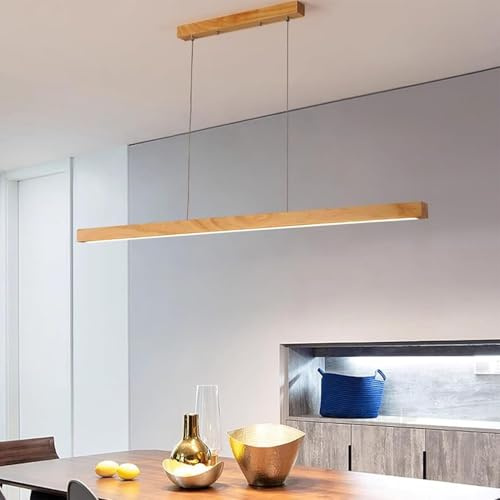 XKLYO Lámpara Colgante LED de Madera con Control Remoto - Diseño Lineal Moderno, Altura, Luz y Color Ajustable para Comedor, Cocina (Isla), Sala y Oficina (Madera Natural, 120cm)