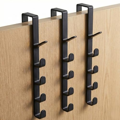 [Lot de 3] Patère de Porte 5 Crochets (Total 15) - Porte Manteau Suspendu Sans Perçage pour Chambre & Salle de Bain - Crochet de Porte en Plastique Robuste Anti-Rayures - Organisateur (Lot 3 Noirs)
