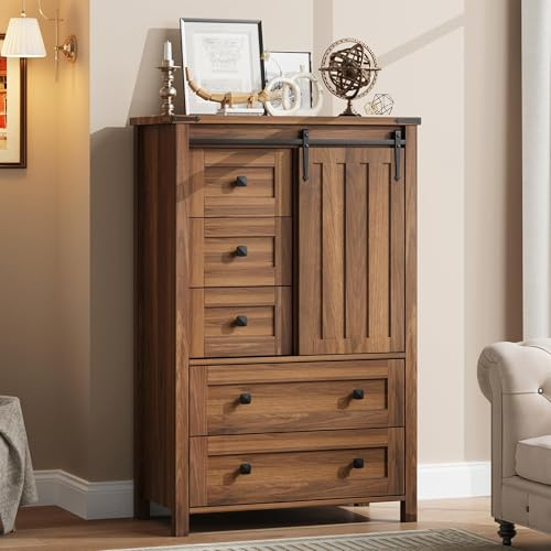 Garvee Farmhouse Dresser with Sliding Barn Door, 5 Drawers Chest of Drawers with Adjustable Shelf, Wooden Storage Cabinet with Anti-tip Design for Bedroom Living Room Entryway, Walnut