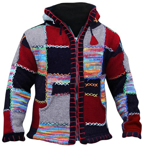 SHOPOHOLIC FASHION Giacca da Uomo in Lana Patchwork Colorata con Cappuccio Supercosy Festival Hippy Boho (Multi/L)