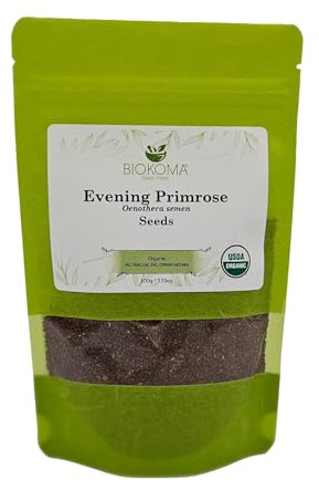 Biokoma Organic Evening Primrose Seeds 100g 3.55oz USDA Organic Oenothera Biennis GLA Omega-3 Hormonal Balance Skin Health Resealable Moisture Proof Pouch Herbal Tea No GMO No Preservatives Kosher