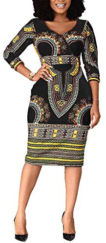 VERWIN Halva vaden V-ringad trekvarts ärm tryck kvinnor bodycon-klänning afrikansk midi-klänning, Svart, M