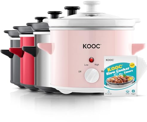 KOOC Slow Cooker,2-Quart, Free Liners Included for Easy Clean-up, Adjustable Temp, Nutrient Loss Reduction, Stainless Steel, Pink, Round