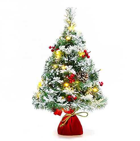 Sunnyglade 21.6 inch Snow Flocked Christmas Tree Artificial Mini Christmas Pine Tree Indoor Tabletop Ornaments Decorations with 30 LED Lights,Red Cloth Base and Pine Cones,White