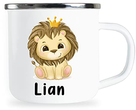 Personalisierte Kindertasse mit Name und niedlichem Löwen Motiv Emaille Tasse individuelle Geschenke Kind Geburtstag Geschenkidee für Kinder Junge Mädchen Metallbecher Emailletasse