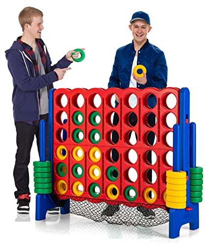 COSTWAY Jeux Puissance 4 Géant Enfants avec 42 Jetons & Filet, Jeu de Société Ludique & Éducatif avec Porte-Anneaux, Levier de Réinitialisation, Utilisation Intérieur et Extérieur