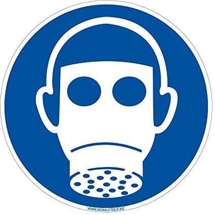 Panneau d'obligation Port du masque à gaz obligatoire. Obligation Signalisation EPI. Autocollant, PVC, Alu - Diamètre 450 mm - Plastique PVC 1,5 mm - Plastique PVC 1,5 mm -
