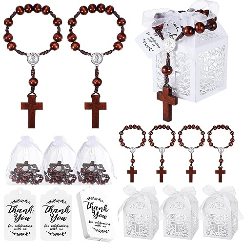 Liliful 100 st dopradband presenter set innehåller 25 st trä mini radband 25 st dop favör lådor 25 st organzapåsar 25 st tacketiketter för baby shower första nattvarden dop fest present