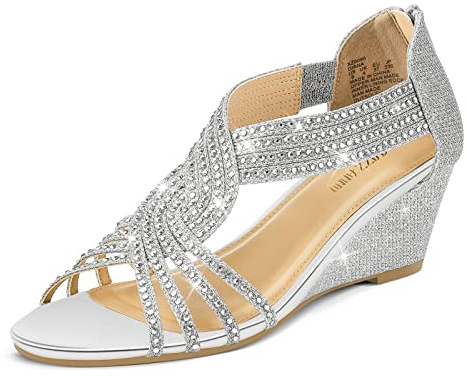 PIZZ ANNU Sandalias Mujer Verano con Tacón de Cuña Diamante de Imitación Zapatos Moda Punta Abierta Elegante Boda Fiesta Damas Zapatos Plata EU 36