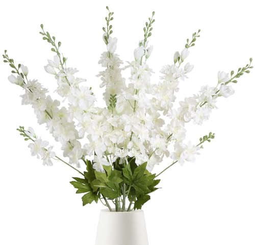 INSUNSIX 6 st vita konstgjorda delphiniumblommor 83 cm långa stjälkar vita blommor silkesblommor för hög vas vita falska blommor för bröllop bordsuppsatser för heminredning inomhus (vit)