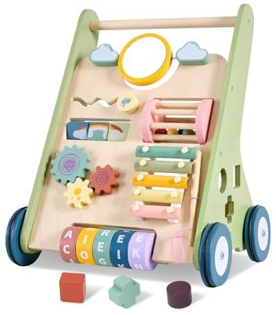 11-in-1 Montessori Baby Walker Toddlers Push Walker Wooden Activity Center Gift for 1 Year Old Boys Girls, Adjustable Speed & Quiet Wheels Learning to Walk Sensory Toys Baby Sit-to-Stand Walking Toys