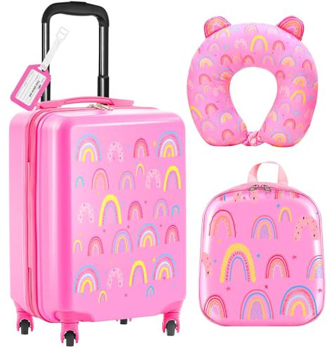 Sanwuta 4 Pcs Kids Luggage Set, Pastel Pink, 20 Inch, Rainbow