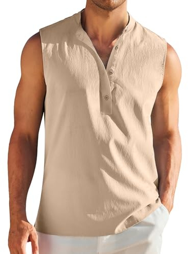 Camiseta sin mangas para hombre de verano, cuello alto, camisa de lino sin mangas, con tira de botones de 1/4, camisetas de tirantes de lino para verano, camiseta interior de lino para hombre, sin