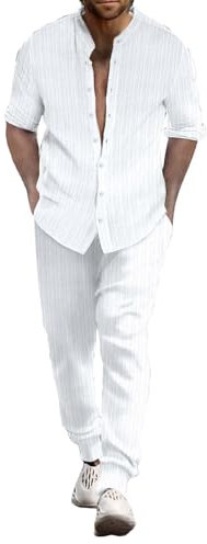 Junger Herrenanzug Slim Fit Herren Sommer Atmungsaktiv Zwei gerollte Ärmel Hemd Hose Set Herren Sportbekleidung Herren Zweiteilige Sportbekleidung, weiß, XXL