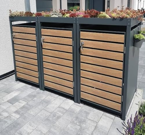 DWD® Garden TRIPLE Wheelie Bin Hideaway with Plant Roof 120L/240L Waste Bin Storage Shed w/Locking Door Outdoor Hygienic Rustproof Dustbin Powdercoated Steel Matt Grey RAL7016 with Wood Effect Doors