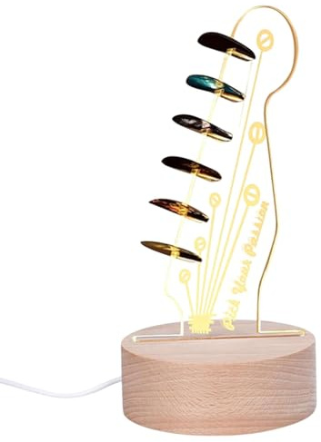 Présentoir de médiator de guitare – Design de tête de guitare en acrylique, support de médiator LED, base en bois | Organisateur unique de médiators de guitare, affichage de médiators de guitare avec