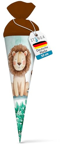 itenga Cornet d'école pour frères et sœurs - 35 cm - Avec fermeture en feutre - Petit sac d'emballage cadeau - Rentrée scolaire (motif lion)