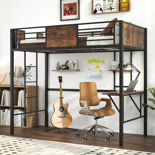 COSTWAY Metal Bunk Bed with Desk and Storage Shelf, Ladder Loft Bed Frame with Safety Guardrail, Industrial Space-Saving Bedroom Single High Sleeper Beds for Kids Teens Adults, No Box Spring Needed