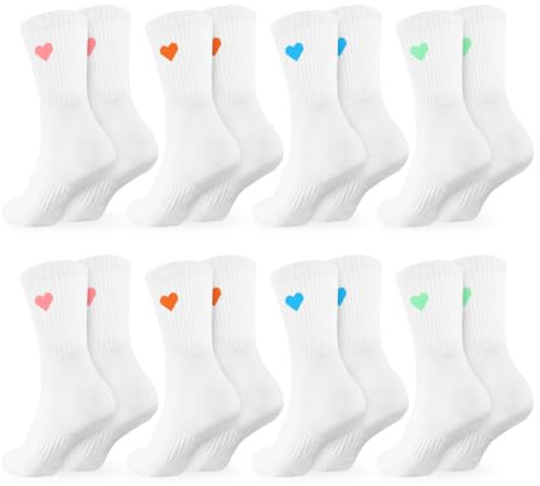 Soleeya 8 Paires Chaussettes Sport Femme Chaussette Tennis Motifs Cœurs | Taille 35-38 39-42, Coton Respirant Maille, Mi mollet, Haute élasticité, Tennis Fitness Running, Sports Loisirs Cadeau, Blanc