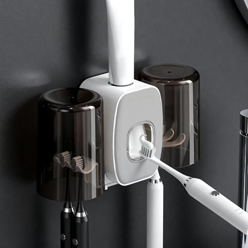 Wall Mounted Toothbrush Holder, Featuring Toothpaste Dispenser | 4 Slots & 2 Cups, Waterproof and Dustproof Toothbrush Organizer for Bathroom Essentials