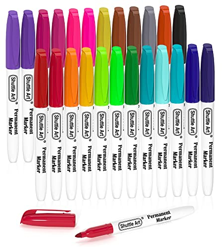 Shuttle Art Permanent Marker fein, 24 Permanent Marker bunt mit feiner Spitze, Folienstift permanent, wasserfeste Stifte, Filzstifte, für Kunststoff, Stein und Glas zum Bemalen und Färben geeignet.