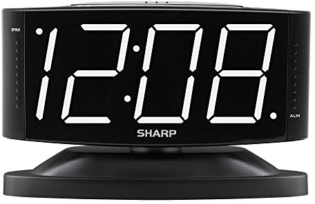 Sharp Digital Alarm Clock with Swivel Base, White LED, Dimmer, Black