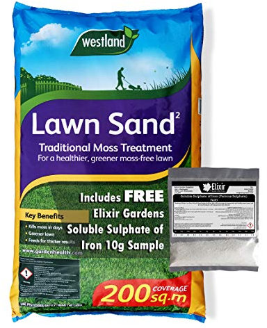 Elixir Gardens Lawn Sand | Moss Killer | Lawn Grass Treatment/Tonic Fertiliser | Including FREE Elixir Gardens Suplhate of Iron 10g Pouch | Covers 200m² | 16 kg Bag x 2