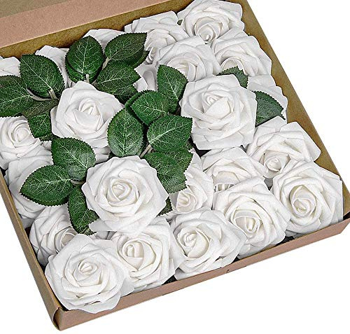 Ancokig 25 Piezas Flores Rosas Artificiales Espuma Rosa Falsa con Tallos para Boda Nupcial Ramos Centros de Mesa Preparativos Partido Hogar Decoración (Blanco)