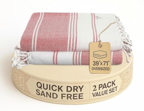 LANE LINEN Cotton Rich Turkish Beach Towel 2 Pack, Oversized 39x71, Lightweight, Absorbent & Quick Dry, Sand Free, Hibiscus