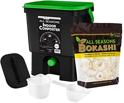 All Seasons Indoor Composter Starter Kit – 4.4 Gallon Black Organko Compost Bin for Kitchen Countertop with Scoop, Cup, Presser & 2 lbs. (1 Gallon) of Bokashi, 77% Recycled Plastic by SCD Probiotics