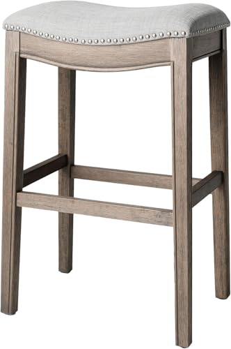 Maven Lane Adrien 79 cm Bar Height Upholstered Backless Saddle Barstool in Reclaimed Oak Finish with Ash Grey Fabric Cushion Seat, Hand-applied nail heads