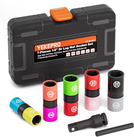 YEKEPRO Lug mutter flip sockelset, 7 delar tunn vägg hjulskydd mutteruttag, 10 halvstorlek, metrisk, Cr-Mo stål, W12207