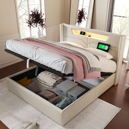 LATICO Polsterbett 160x200cm mit LED-Beleuchtung, Doppelbett mit Lattenrost & Kopfteil und Aufladen USB, Bettgestell mit Stauraum Kopfteil, Leinenmaterial, Jugendbett Gästebett, ohne Matratze, Beige