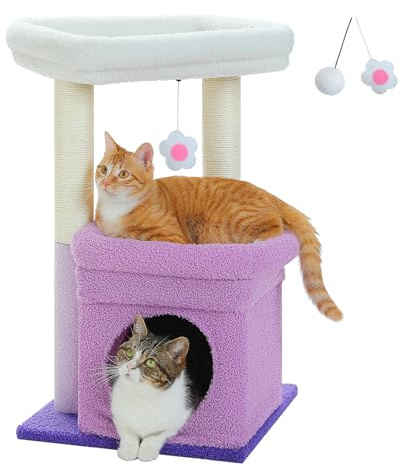 PAWZ Road Small Cat Tree, Multi-Level Cat Tower with Sisal-Covered Scratching Post, Cozy Condo and Top Perch for Indoor Cats, Applicable to Summer, Purple