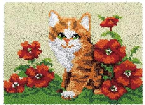 kingsea Knüpfteppich Zum Selber Knüpfen, 50x38cm Knüpfhaken Set Latch Hook Kit DIY Selbst Knüpfen Set für Erwachsene, Katze