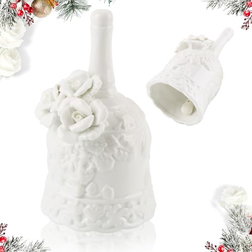 Campana, XIMEY Campanilla Porcelana, Campanas Musicales, Campana de Mano, Campana con Estampado de Rosas, Adecuada para Restaurantes y Bares, Decoracion (Tres Flores Blancas)