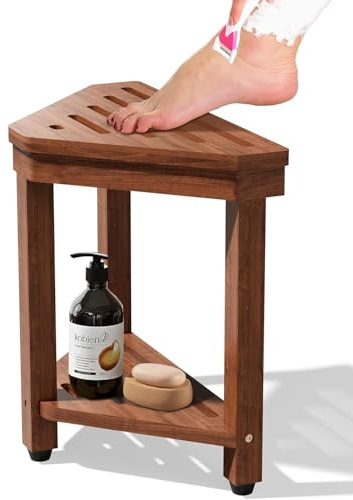 MISSEND Repose-pieds de Douche 38 cm, Tabouret de Douche en Acacia pour le Rasage des Jambes, Banc de Bain d'angle avec Étagère de Rangement pour Petites Espaces de Douche Intérieure