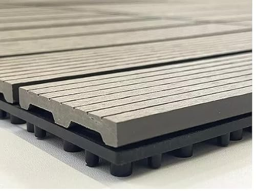 Interlocking Decking Floor Tiles - WPC Plastic Composite for Garden, Patio, Balcony, Terrace Anti-Slip, Waterproof, Click System - Light Brown, Grey, Black, Set of 11, 1m² (Grey)