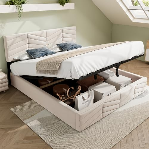 Zepneiy Lit 140 x 190 avec Sommier, Lit Double Coffre 140 x 190 avec tête de réglable en Hauteur, avec à Lattes, Cadre de Rembourré Moderne en Velours Beige(sans Matelas)