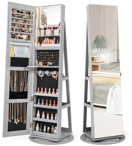COSTWAY Armadietto Portagioie Girevole a 360°, Specchio Portagioie con Luci LED a 3 Colori, Organizatore da Terra per Gioielli, Con 3 Ripiani e Serratura, 161 x 54,5 x 54,5cm (Grigio)
