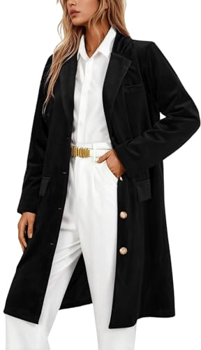 Trench Coat - Giacca da donna in velluto, a maniche lunghe, con risvolto, vintage, elegante, giacca invernale lunga, cardigan, cardigan, cardigan, blazer in velluto aperto, monopetto, O nero., L