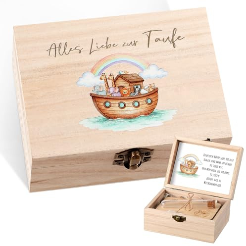 Namalu Set of 4 Christening Money Gift Wooden Box with Rainbow and Animal Noah's Ark Test Tube Wooden Chips Greeting Card and Raffia Grass Money Gift Packaging for Party Guests Christening Decoration