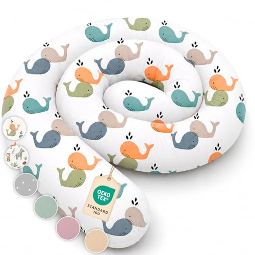 Lovely Hippo Almohada para dormir de lado, 100% algodón, diseño de serpiente de cama, almohada larga, rollo de cama, almohada (ballenas de bebé, 200 cm)