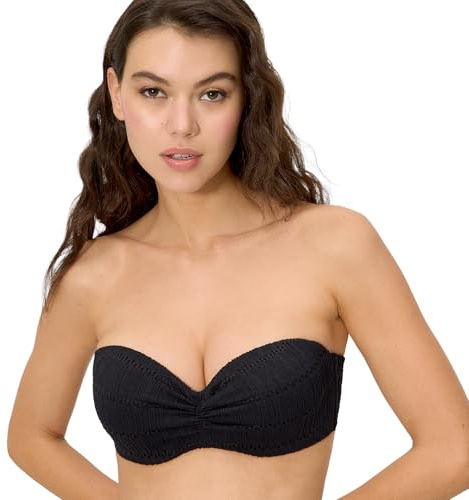 YSABEL MORA. Top Bikini Push-Up Textura Negro Copa C. Bandeau con Push-Up Y Aro. Tirantes Desmontables Y Anudables Al Cuello Colección Strawberry.
