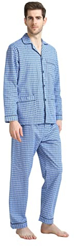 GLOBAL Pijamas para Hombres 100% Algodón Cómoda Ropa de Dormir Manga Larga con Botones Parte Superior Cordón Elástico Parte Inferior Conjuntos de Pijamas de Franela Rayas o Cuadros PJS S-XXL