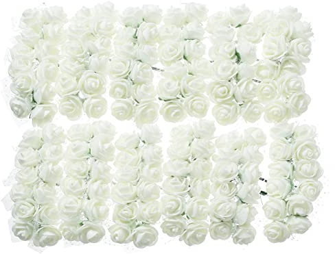Gumolutin 144PCS Mini Fake Roses Artificial Foam Rose Heads with Wire Rods DIY Wedding Flowers Accessories Make Bridal Hair Clips Headbands Dress,Milk White