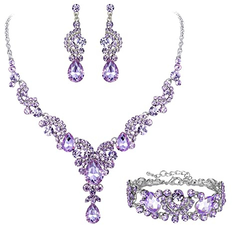 EVER FAITH Bridal Austrian Crystal Jewelry Set Art Deco Vintage Costume Floral Teardrop Necklace Earrings Bracelet for Woman Light Purple Silver-Tone