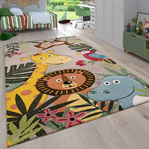 Paco Home Alfombra Habitación Infantil para Niños Motivo De Animales Y Selva Pelo Corto, tamaño:120x170 cm, Color:Beige