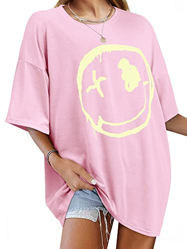 WIEIYM Tshirt Damen Rundhals Kurzarm Oversize Bedrucken T-Shirt Kausale Breite Schulter T-Shirt Damen Sommer Oberteile Sweatshirt Tops,Rosa,XL