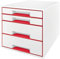 Leitz CUBE Schubladenbox mit 4 Schubladen, Hochwertiger A4-Schreibtisch-Schubladenschrank inkl. transparentem Schubladeneinsatz, Für Büro, Home Office, Kinderzimmer, Weiß / Rot, WOW Serie, 52132026